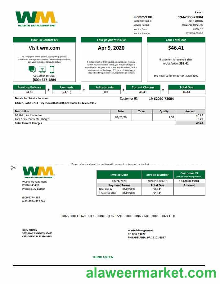 USA Waste Management bank statement template in Word and PDF format, good for address prove